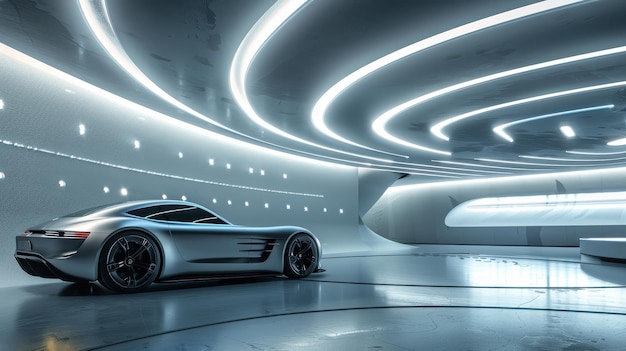 Een futuristische autogarage verlicht door natuurlijk licht, door AI gegenereerde illustratie