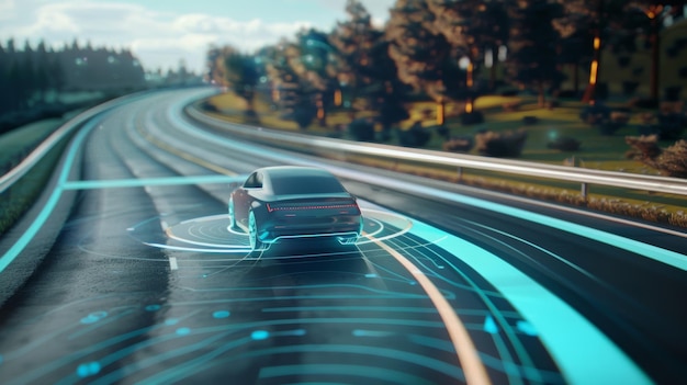 Een futuristische autonome auto die naadloos door een slimme snelweg rijdt met geavanceerde technologie.