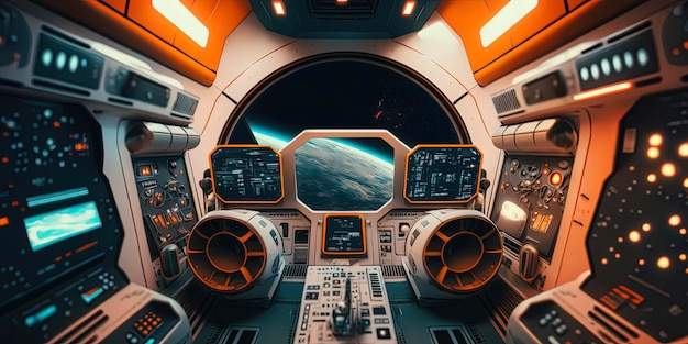 Een futuristische cockpit van een ruimteschip met geavanceerde technologie en bedieningspanelen