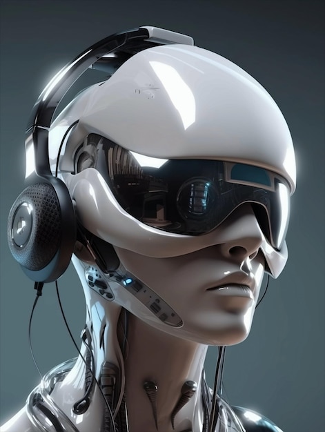 Een futuristische Cyborg-robot met koptelefoon en VR-bril