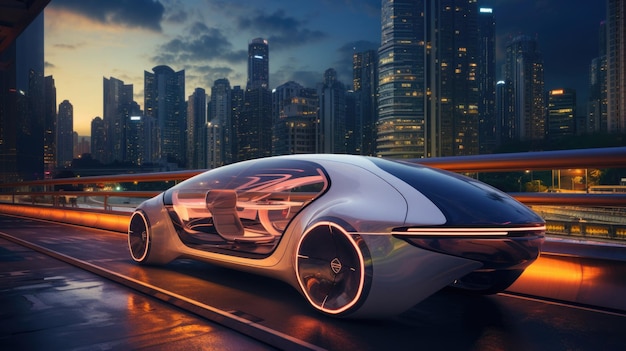 Een futuristische elektrische auto op een stadsstraat Een concept van de toekomst