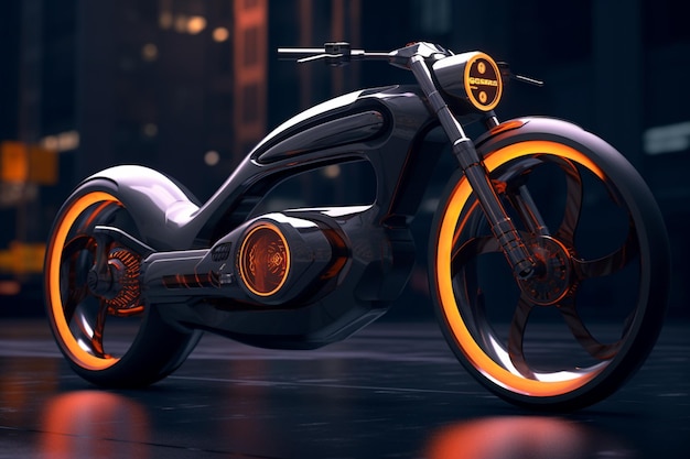 Een futuristische elektrische motorfiets met oranje lichten en een zwart zadel.