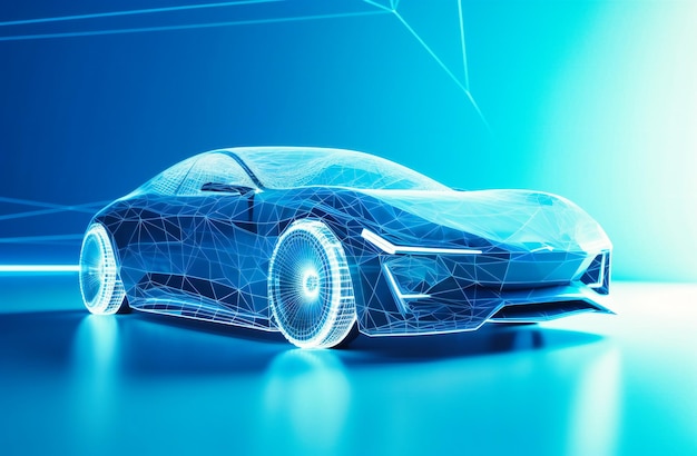 Een futuristische foto van een auto die tegen de blauwe achtergrond rijdt