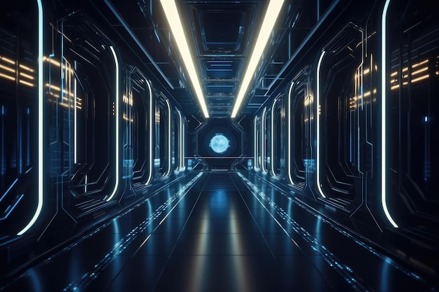 Een futuristische gang met blauwe lichten
