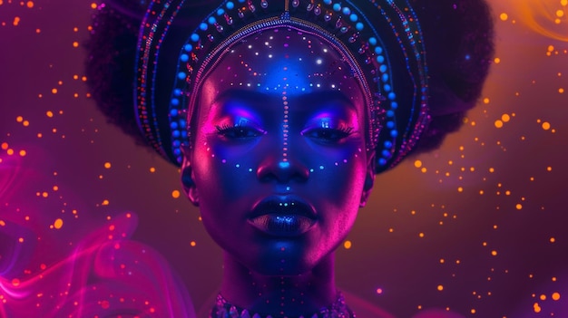 Een futuristische godin met donkere huid en levendig paars haar staat hoog tegen een achtergrond van ling