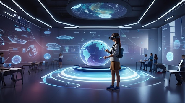 Een futuristische holografische weergave van virtuele realiteit in de klas, geïntegreerd in de leerervaring