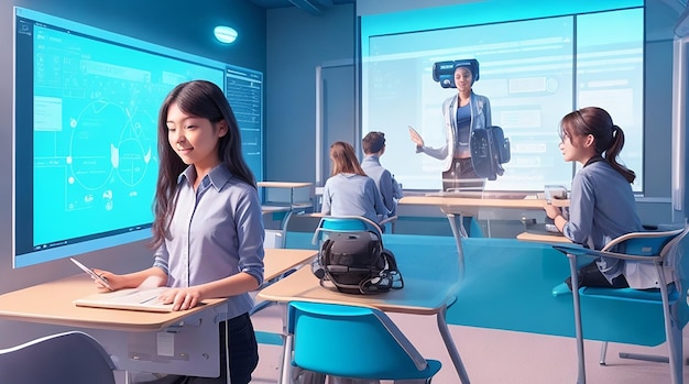 Foto een futuristische holografische weergave van virtuele realiteit in de klas, geïntegreerd in de leerervaring