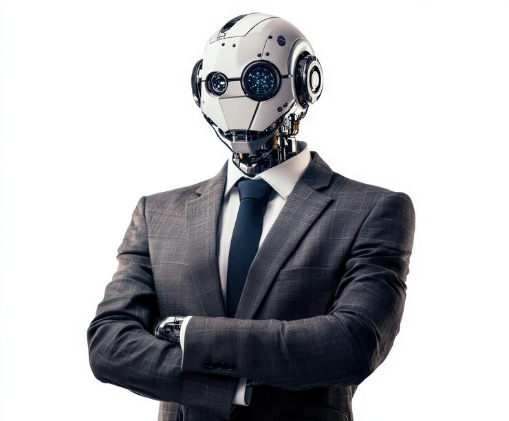 Een futuristische humanoïde robot in een zakenpak.
