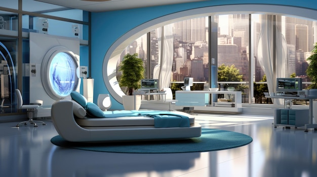 Een futuristische kamer met een bed, een stoel, een bureau en een raam
