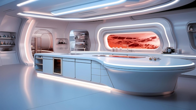 Een futuristische keuken met slanke witte oppervlakken en holografische accenten