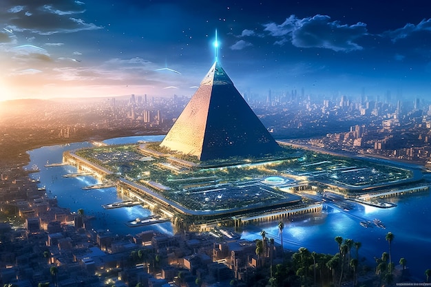 Een futuristische kleurrijke stad in het oude egypte enorme futuristische cybertempelstad ai gegenereerd