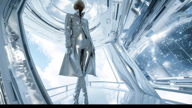 Een futuristische look met een metalen zilveren trenchcoat gelaagd over een metalen Zilveren bodycon