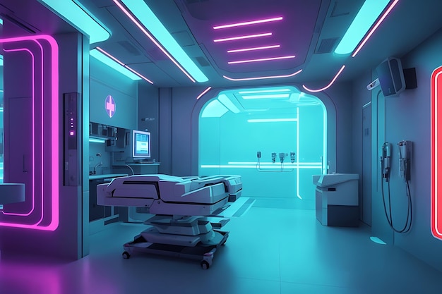 Een futuristische medische faciliteit met een gloeiende levenslijn die naar een mysterieuze kamer leidt.