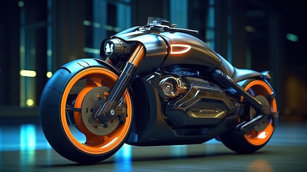 Een futuristische motorfiets met oranje en zwarte wielen.