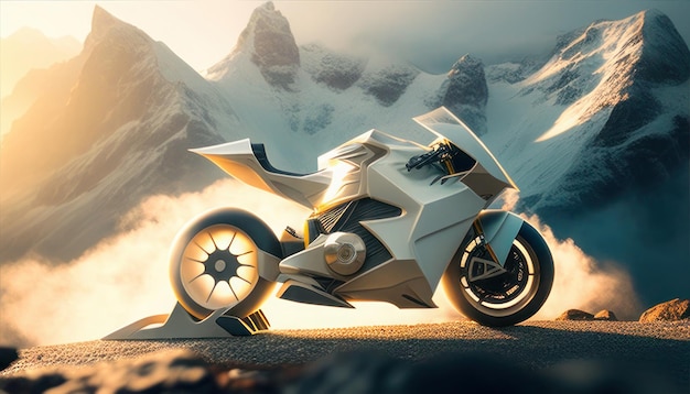 Een futuristische motorfiets staat geparkeerd voor een besneeuwde berg