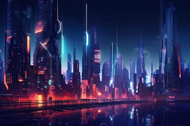 Een futuristische nachtelijke stad in de verte gloeiend met neonlicht Surrealistische wolkenkrabbers Cyberpunk meeslepende wereld van het metaversum Generatieve AI