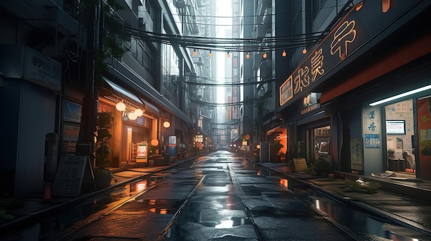 Een futuristische neonstad Een regenachtige stadsstraat met weg Het concept van virtual reality en cyberpunk