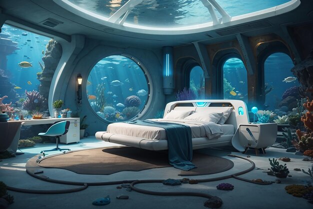 Foto een futuristische onderwaterslaapkamer in een onderzeese habitat voor een reis naar atlantis