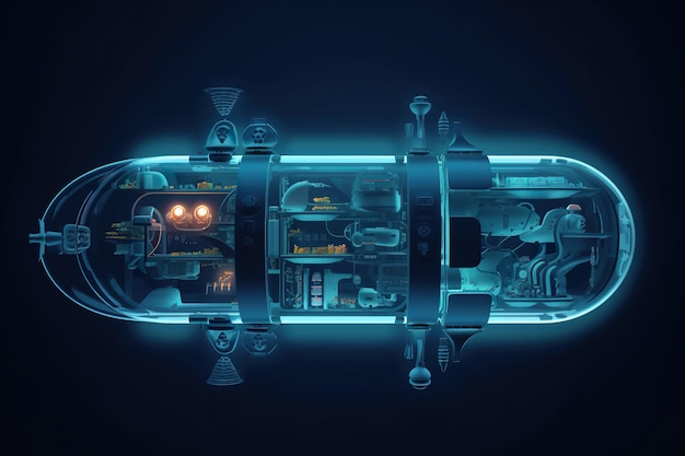 Een futuristische onderzeeër met lichten aan in een donkere kamer Generatief AI-beeld
