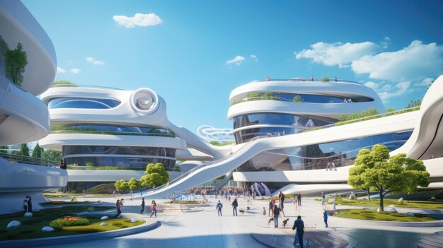 een futuristische schoolcampus met strakke architectuur
