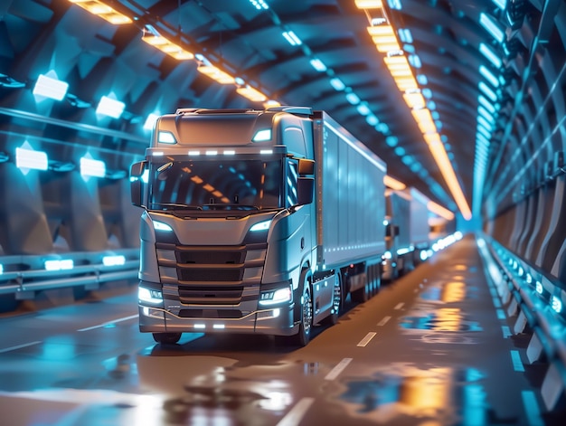 Foto een futuristische semi-truck rijdt door een hightech tunnel verlicht met blauwe en oranje lichten ref