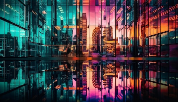Een futuristische skyline van de stad gebouwd met modern staal en glas gegenereerd door AI