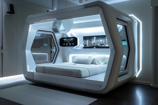 Een futuristische slaapkamer met een wit bed. De kamer is verlicht.