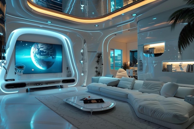 Een futuristische slaapkamer met een wit bed.