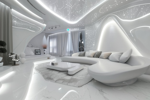 Een futuristische slaapkamer met een wit bed.