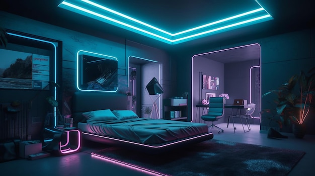 Een futuristische slaapkamer met neonverlichting en holografische accenten die AI heeft gegenereerd