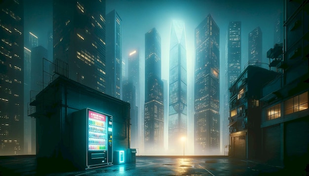 Een futuristische stad en een automaat's nachts.
