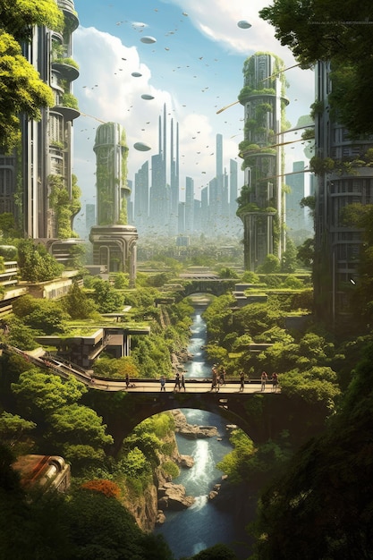 Een futuristische stad met bomen