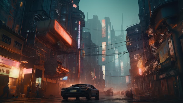 Een futuristische stad met een auto op de voorgrond en een reclamebord voor de bedrijfsnaam cyberpunk.