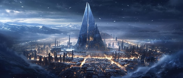 Een futuristische stad met een grote piramide