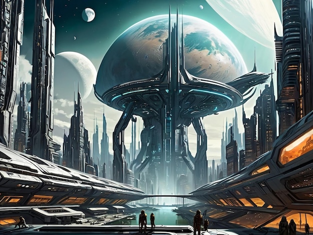 een futuristische stad met een maan op de achtergrond sci fi wereld exoplaneetlandschap