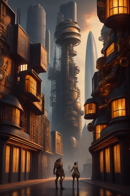 een futuristische stad met hoge gebouwen en twee mensen die ervoor op straat lopen