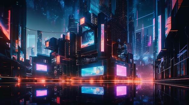 Een futuristische stad met neonlichten en een bord met de tekst cyberpunk.