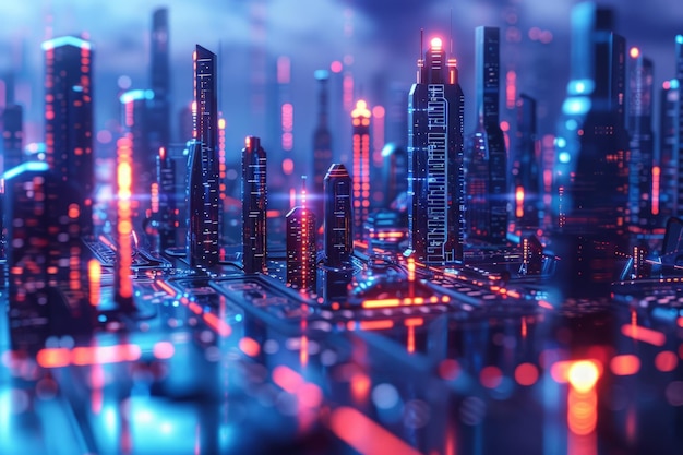 Een futuristische stad verlicht met heldere lichten