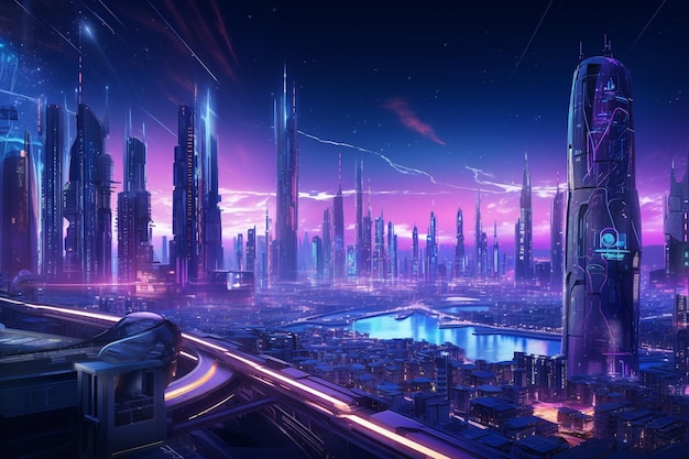 Een futuristische stadshorizon van Cyberpunk Technology met neonlichten