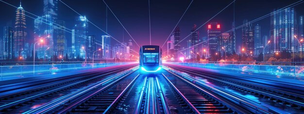 Een futuristische trein die's nachts door een stad reist