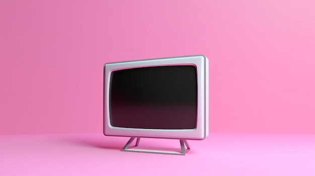 Een futuristische tv staat op een roze achtergrond