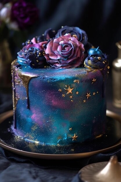 Een galaxy cake met bloemen erop.