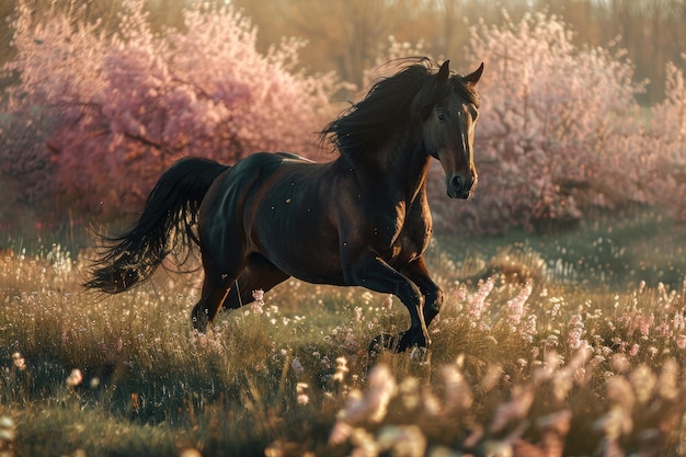 Een galopperend zwart paard in een veld.