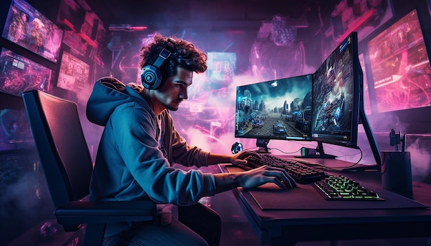 Een gamer die op een desktop pc speelt illustratie van een computerspel Commerciële fotografie