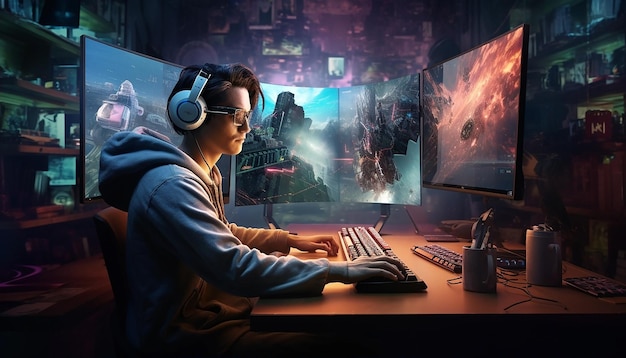 Een gamer die op een desktop pc speelt illustratie van een computerspel Commerciële fotografie