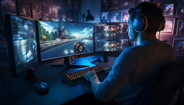 Een gamer die op een desktop pc speelt illustratie van een computerspel Commerciële fotografie