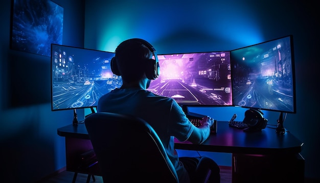 Een gamer die op een desktop pc speelt illustratie van een computerspel Commerciële fotografie