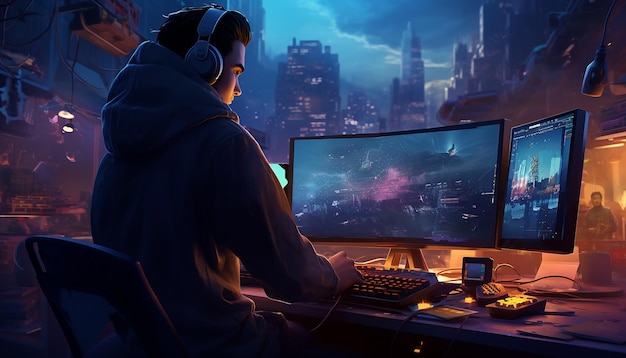 Een gamer die op een desktop pc speelt illustratie van een computerspel Commerciële fotografie