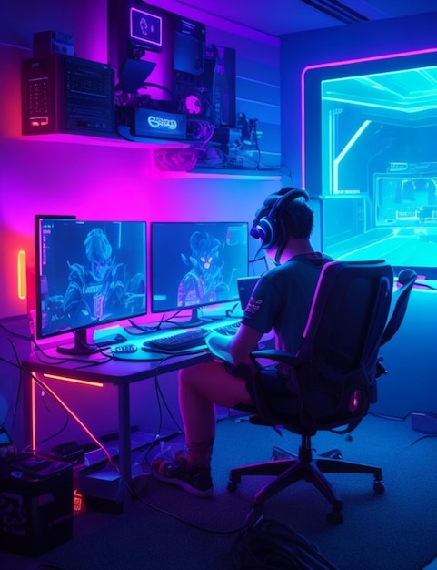 Een gamer in een neonverlichte kamer verlicht door de gloed van het scherm terwijl ze hun weg vechten