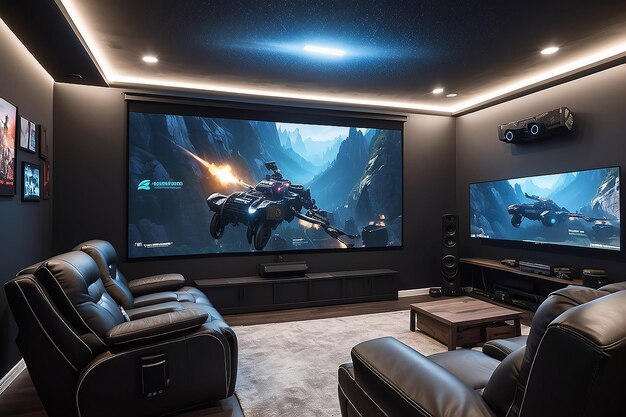 Foto een gamerkamer met een op het plafond gemonteerde projector, een intrekbaar scherm en een lege muur voor filmische gaming-ervaringen